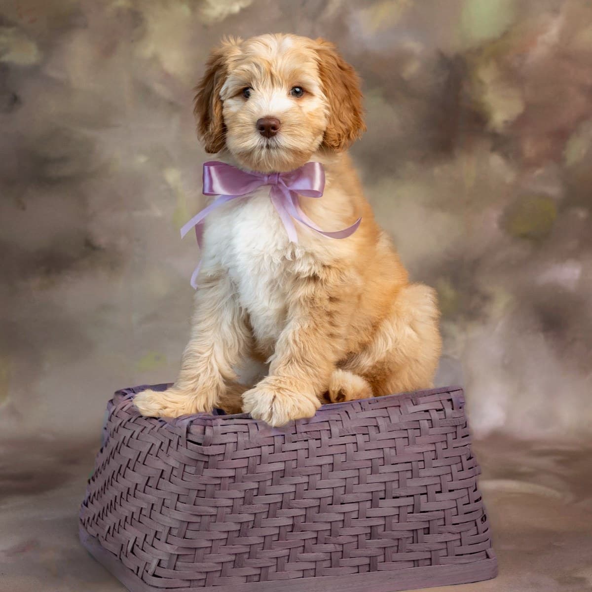 Paisley, an Adams Farm Australian Labradoodle puppy, in a lilac bow
